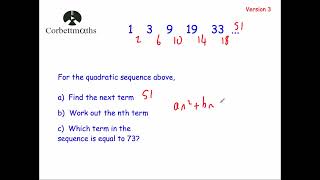 Quadratic Sequences Version 3  Corbettmaths [upl. by Nnaylloh]