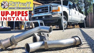 2001 F350 73  RiffRaff UpPipes Install  Stock up pipes leaking and falling apart JUNK SP [upl. by Aihsit990]