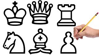 How to draw Chess Pieces Pawn Bishop Rook King Queen Knight [upl. by Karyl773]